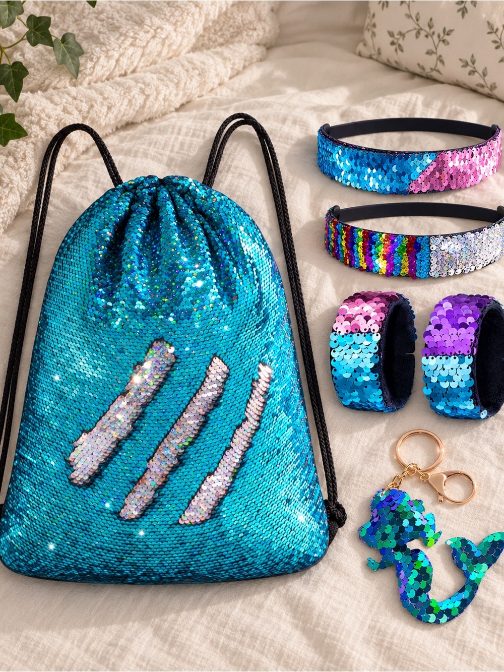 Sequin Mermaid Blue Drawstring Kids Backpack and Accessory Set